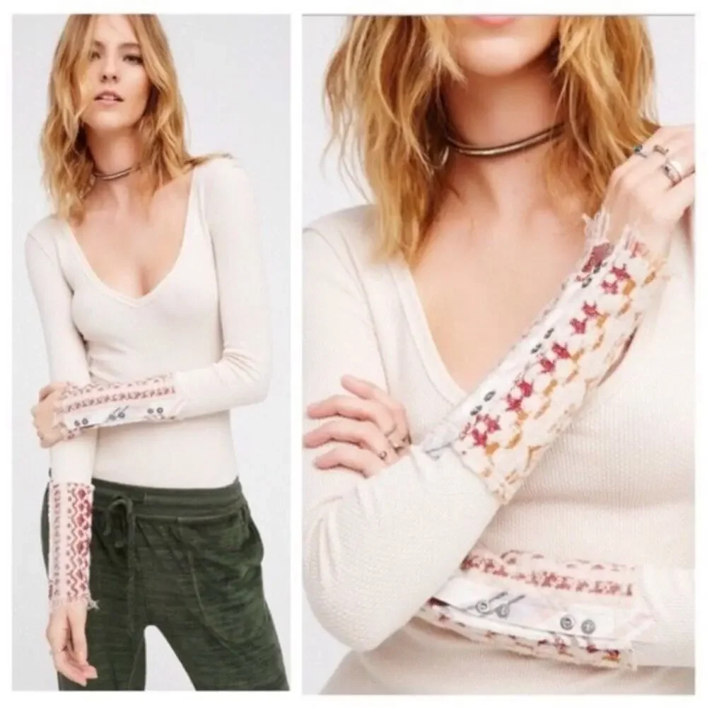 Free People We the Free Art School‎ Cuff Long Sleeve Thermal Taupe Cream Small